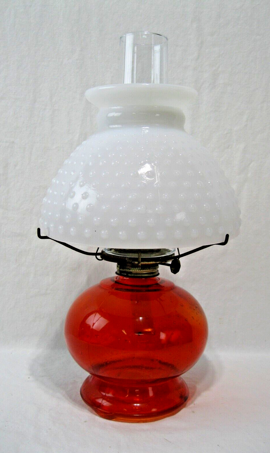 VINTAGE P & A EAGLE  Ruby Red Oil Lamp W/White Hobnail Milk Glass Shade