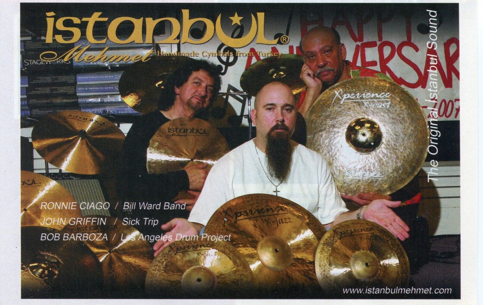 2008 small Print Ad of Istanbul Mehmet Drum Cymbals w Ronnie Ciago, John Griffin