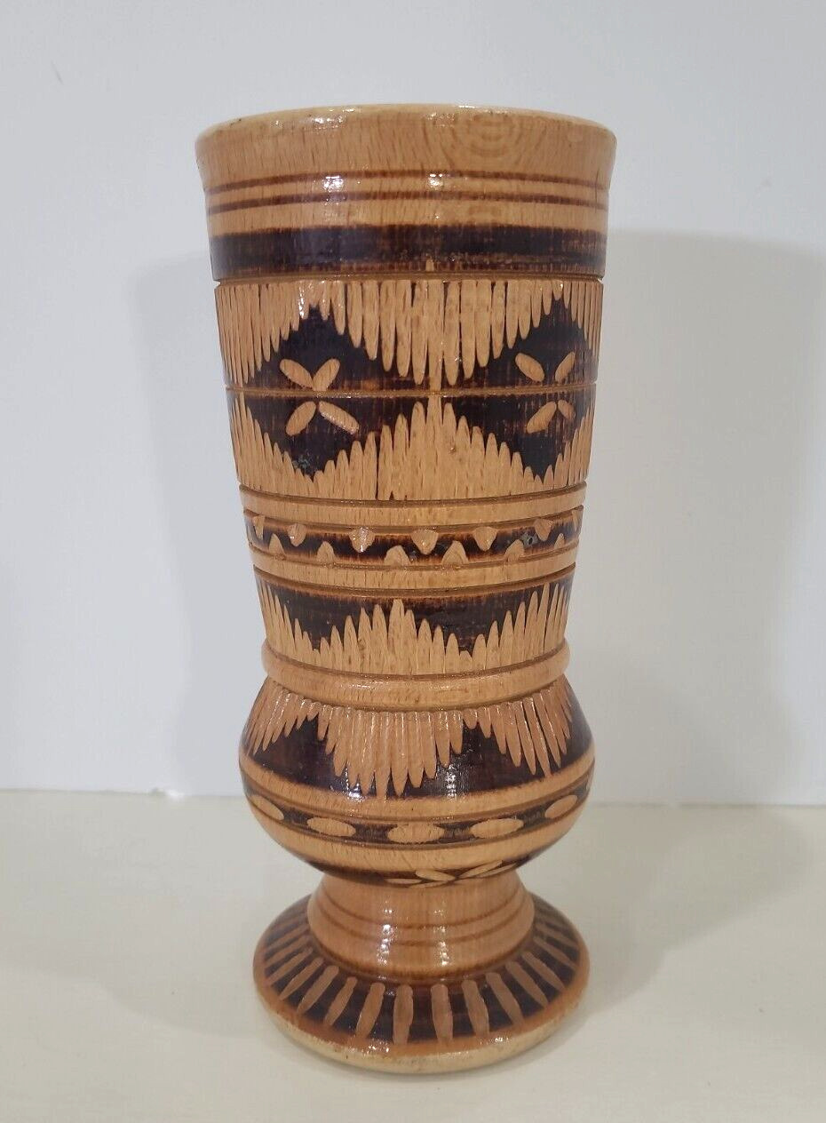 Vintage Wooden Wood Hand Carved Turned Flower Vase 9 Inches Lacquered 