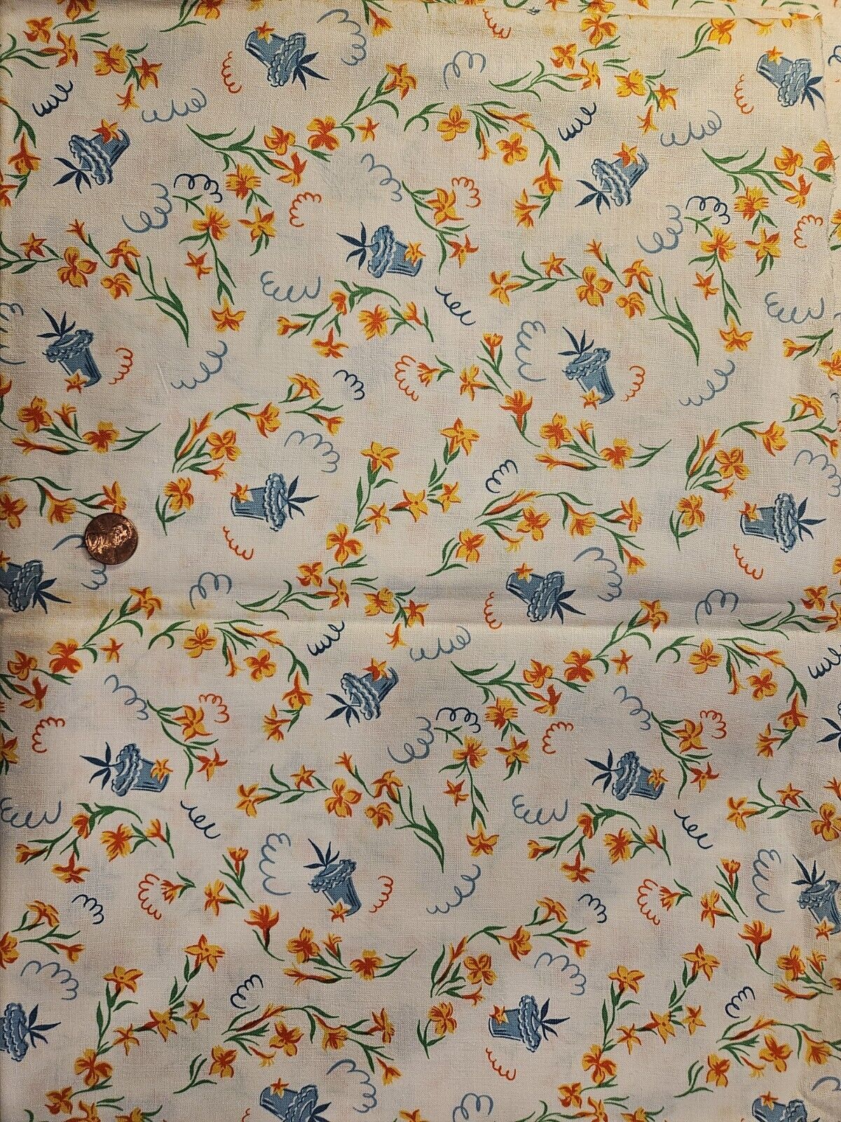 Vtg Feedsack Fabric Blue Yellow Orange Green Floral Novelty Cotton 36