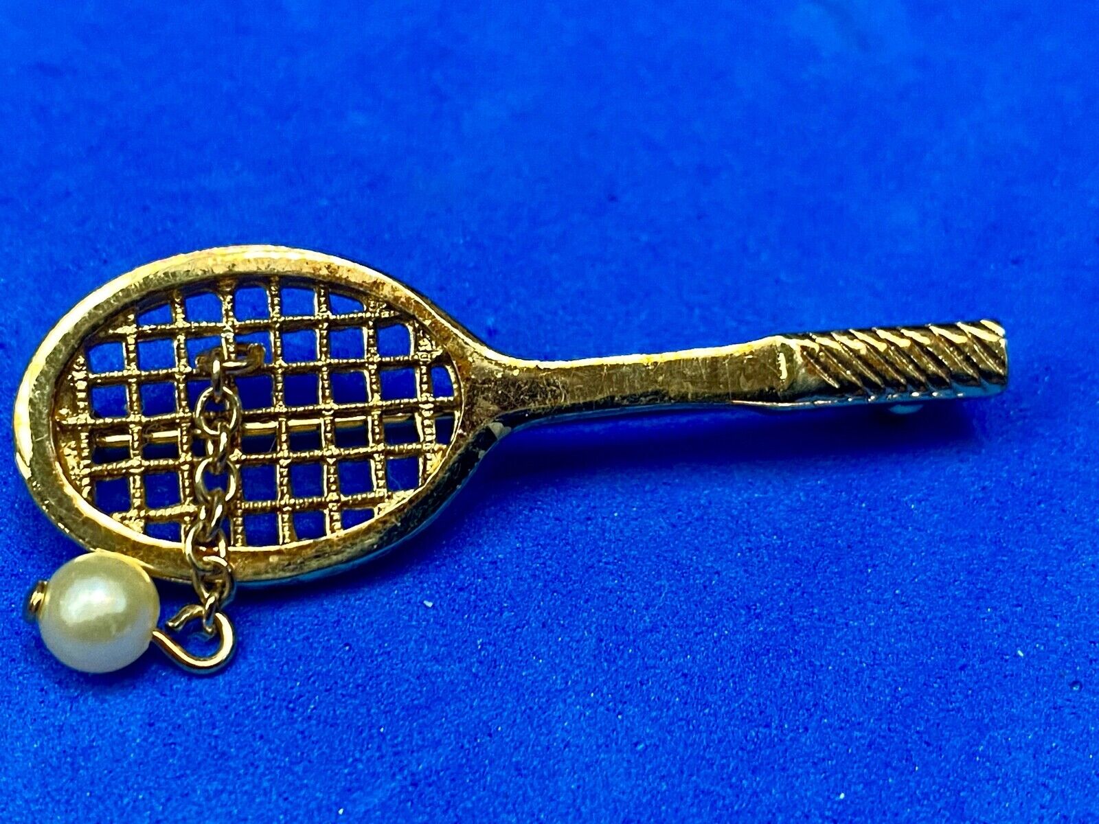 Vintage Avon Jewelry Goldtone Tennis Racquet Brooch Faux Pearl Ball, 1 3/4