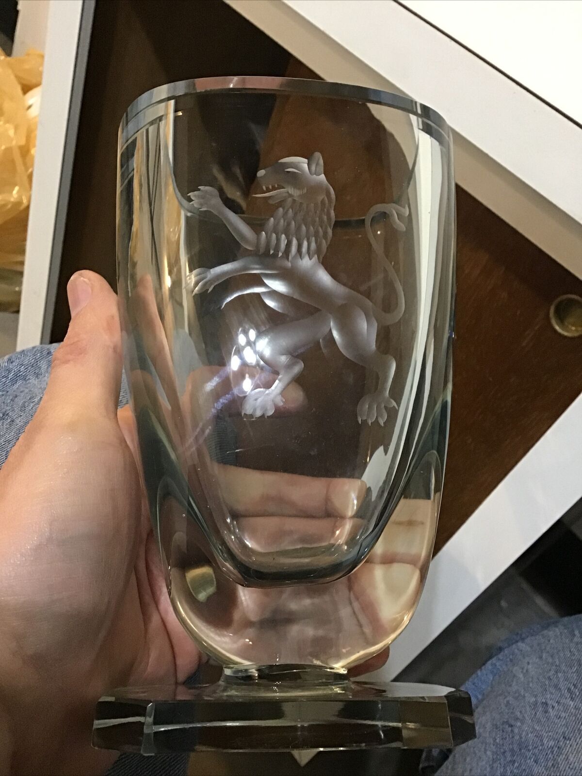 Vintage Acid Etched Rampant Lion Griffin Crystal Glass Vase 7.75\