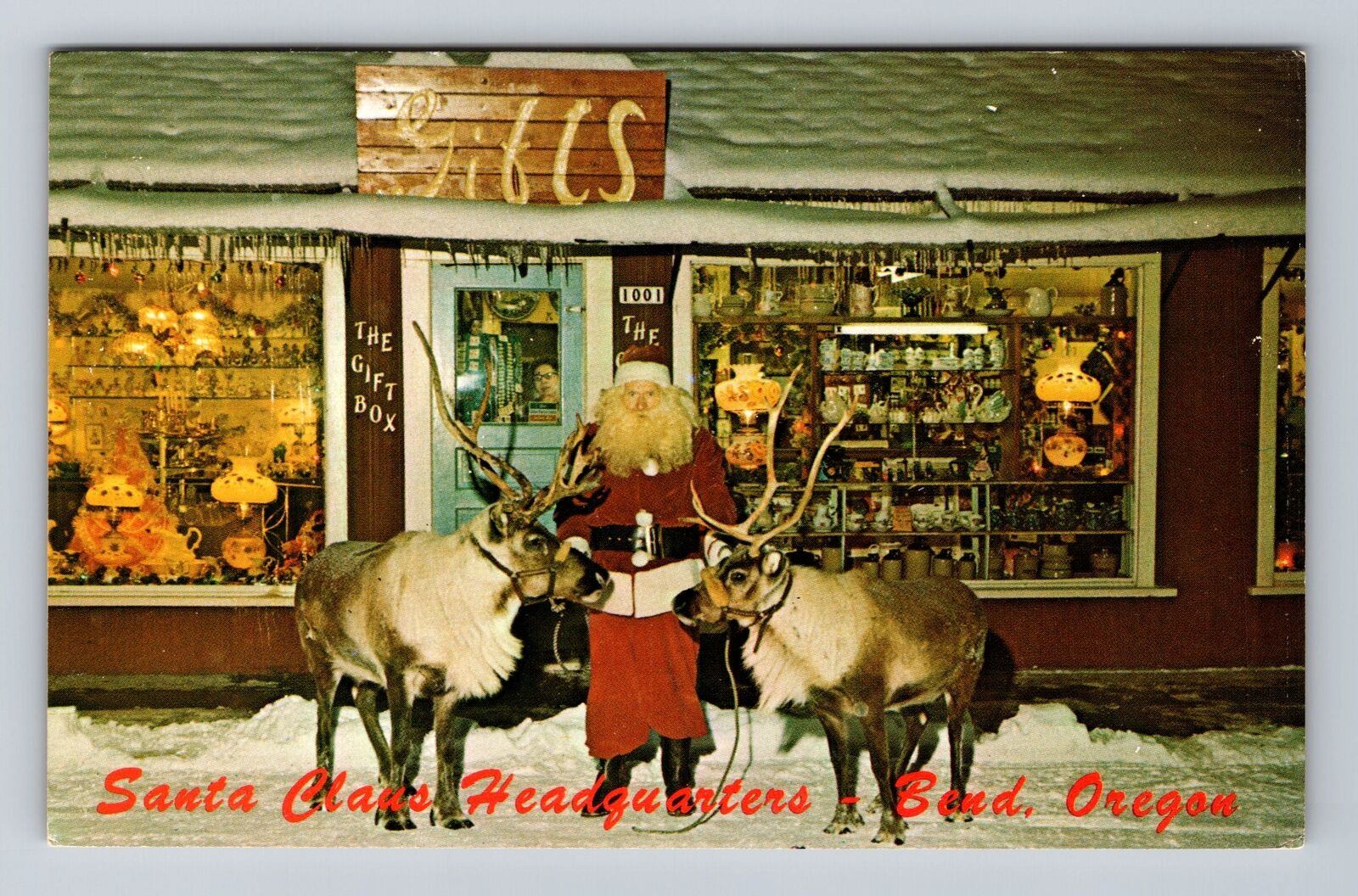 Bend OR-Oregon, Santa and Reindeer Shopping at Gift Box Vintage Postcard