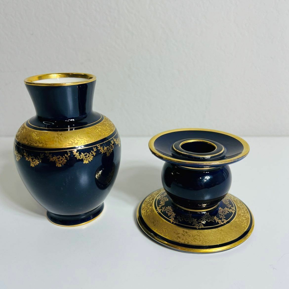 Lindner Kueps Candleholder Vase Bavaria Blue Cobalt Germany Set 2 Vintage