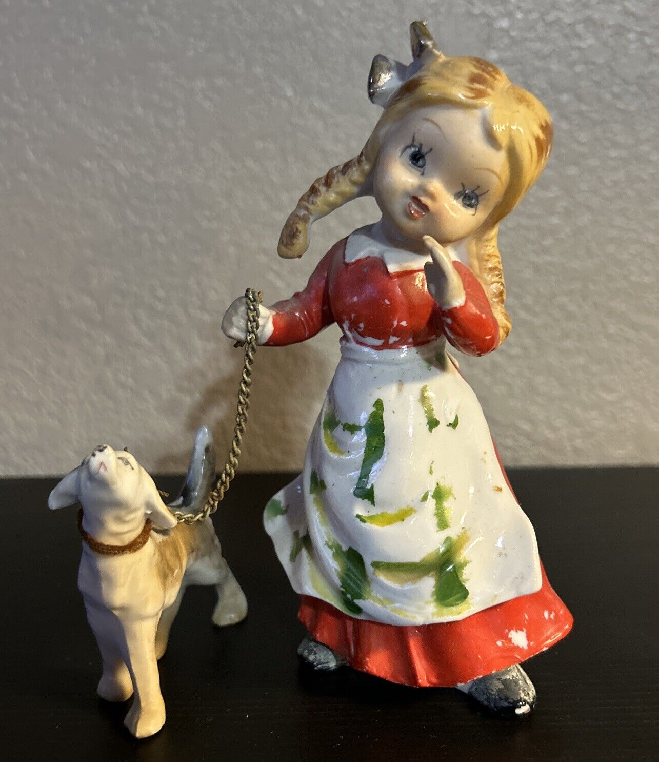 Vintage Girl Walking Dog On A Leash. Ceramic. 6in. Used. Girl. Dog. Leash
