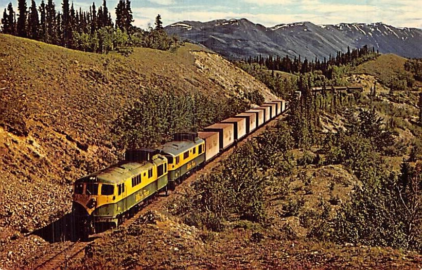 Postcard AK: White Pine & Yukon Train, Alaska, Cowley Lake, 1974