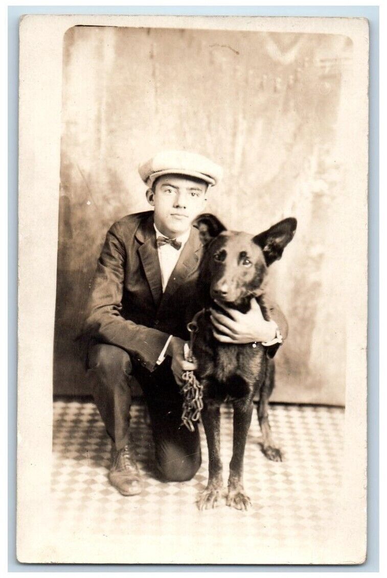 c1920's Boy With German Shepard Dog View Chain Cap Bowtie RPPC Unposted Postcard