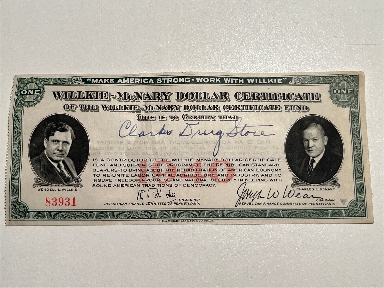 Vtg 1940 Wendell Willkie/ Charles McNary President Political Dollar Certificate