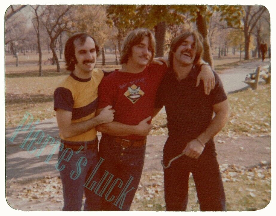 Three Young Moustache Men in Tight Jeans Vintage 1970\'s Snapshot - Gay Interest