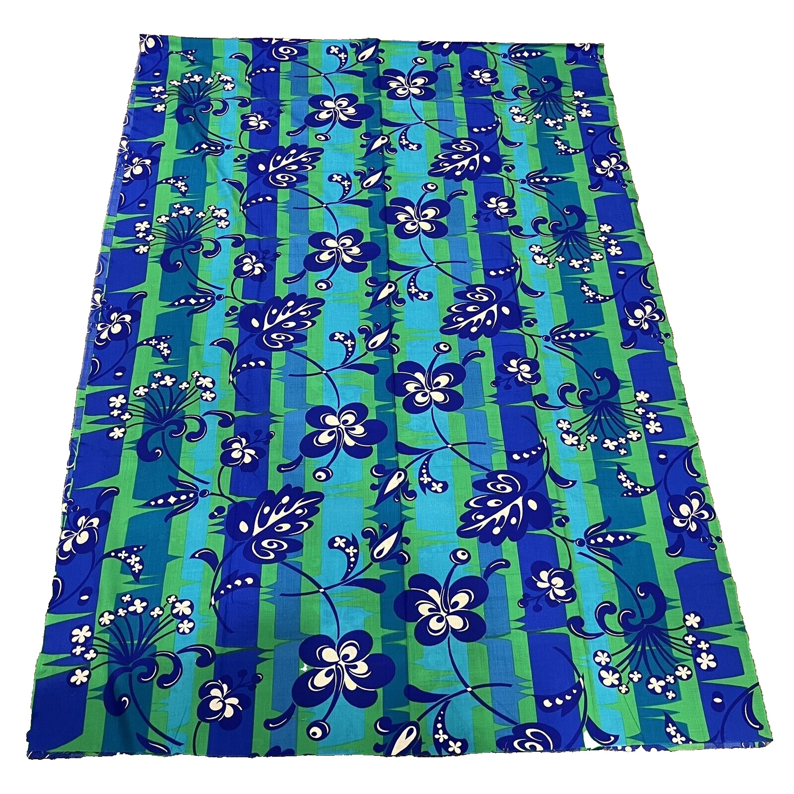 VTG Polynesian Hawaii Floral Tiki Print MCM Fabric Blue & Green Cotton 3.7 yds