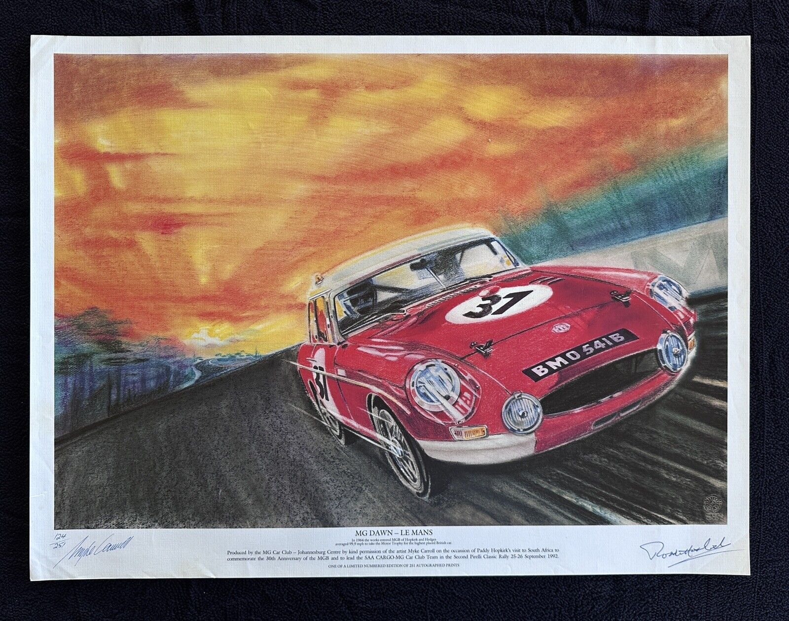 2x SIGNED MG MGB Dawn Le Mans 1964 Ltd Ed Print Paddy Hopkirk Rally Myke Carroll