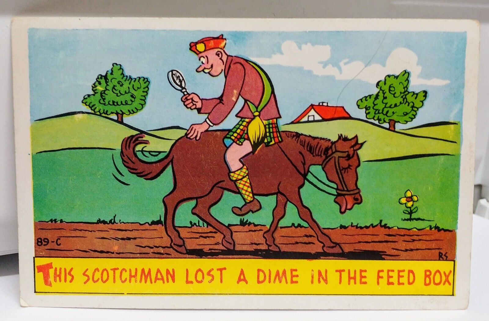 Postcard Vtg Humor Funny Comic Scotchman Lost A Dime In The Feed Box 1950's