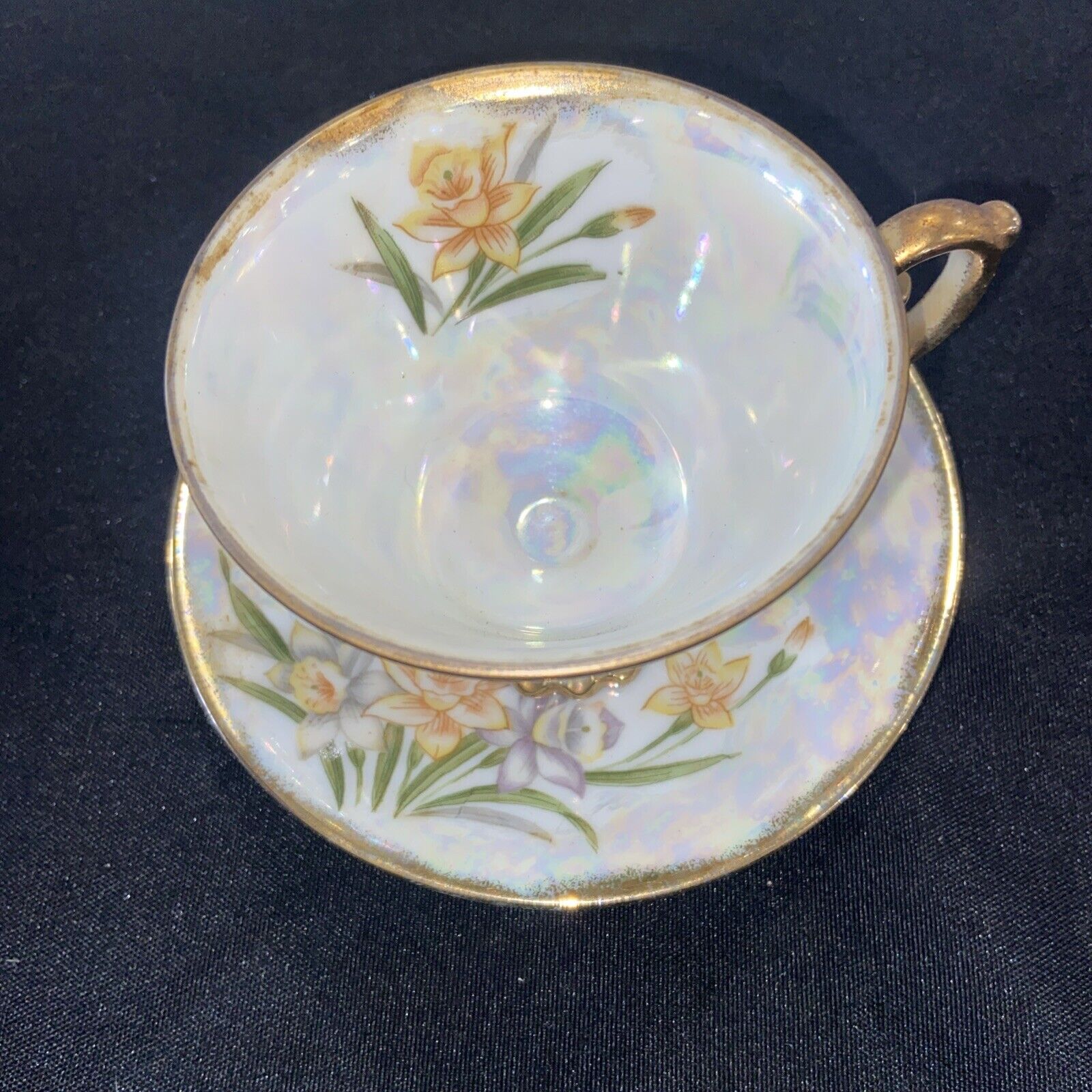 Vintage March Daffodil  Footed Porcelain Teacup & Saucer iridescent lusterware 