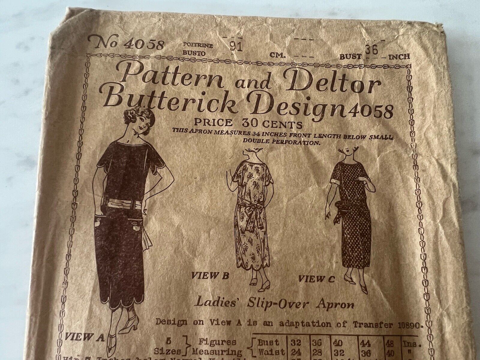 Antique Sewing Pattern 1920s Butterick Women’s Slip Over Apron Bust 36 Inch 4058