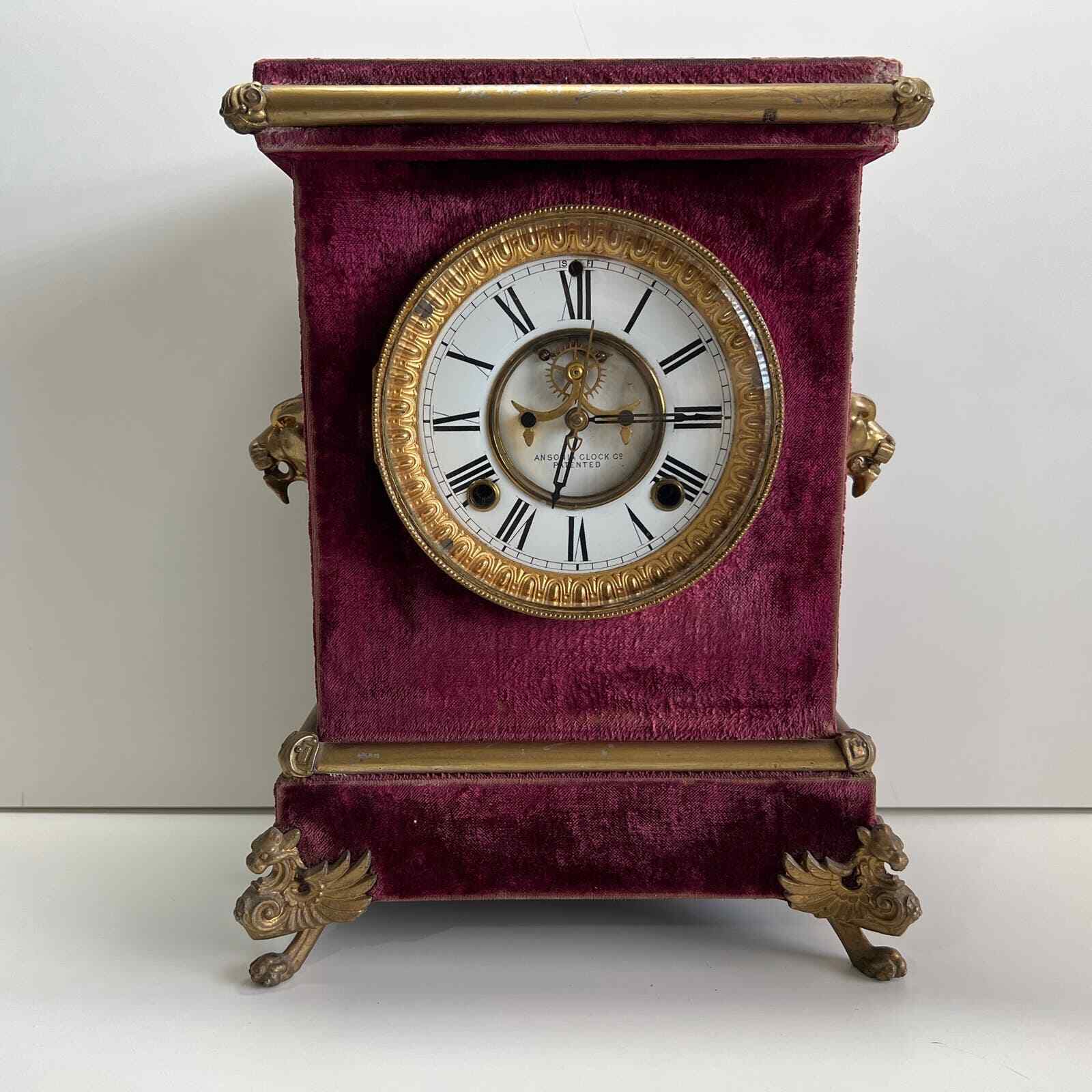 Antique Late 1800s Ansonia Florentine No. 3 Red Velvet Dragons Mantel Clock