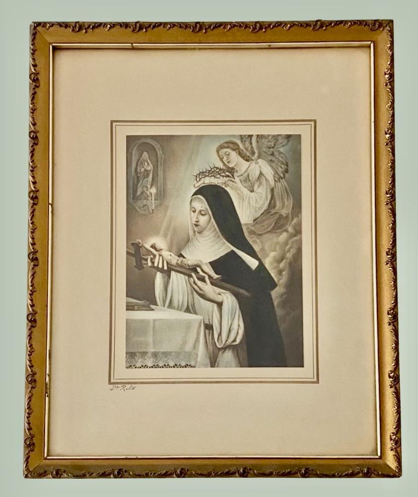 1920\'s St. Rita of Cascia TABER PRANG ART PRINT GOLD Framed pencil signed