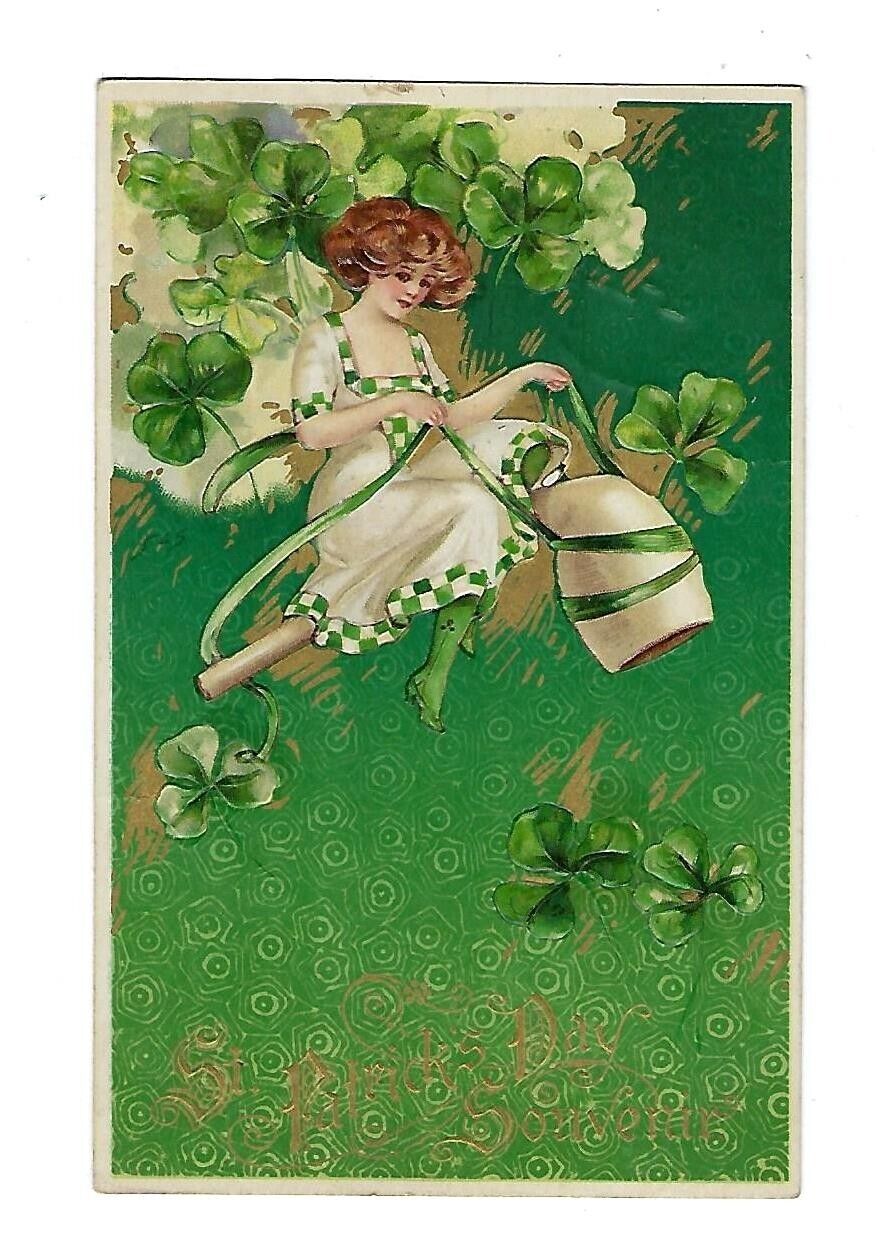 c1911 Signed Schmucker St Patrick's Day Postcard Girl Riding a Clay Pipe