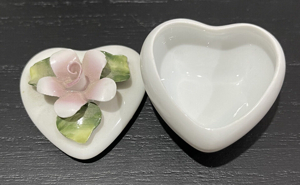 Romanian Porcelain Trinket Box Small Heart Shape with Flower on Lid
