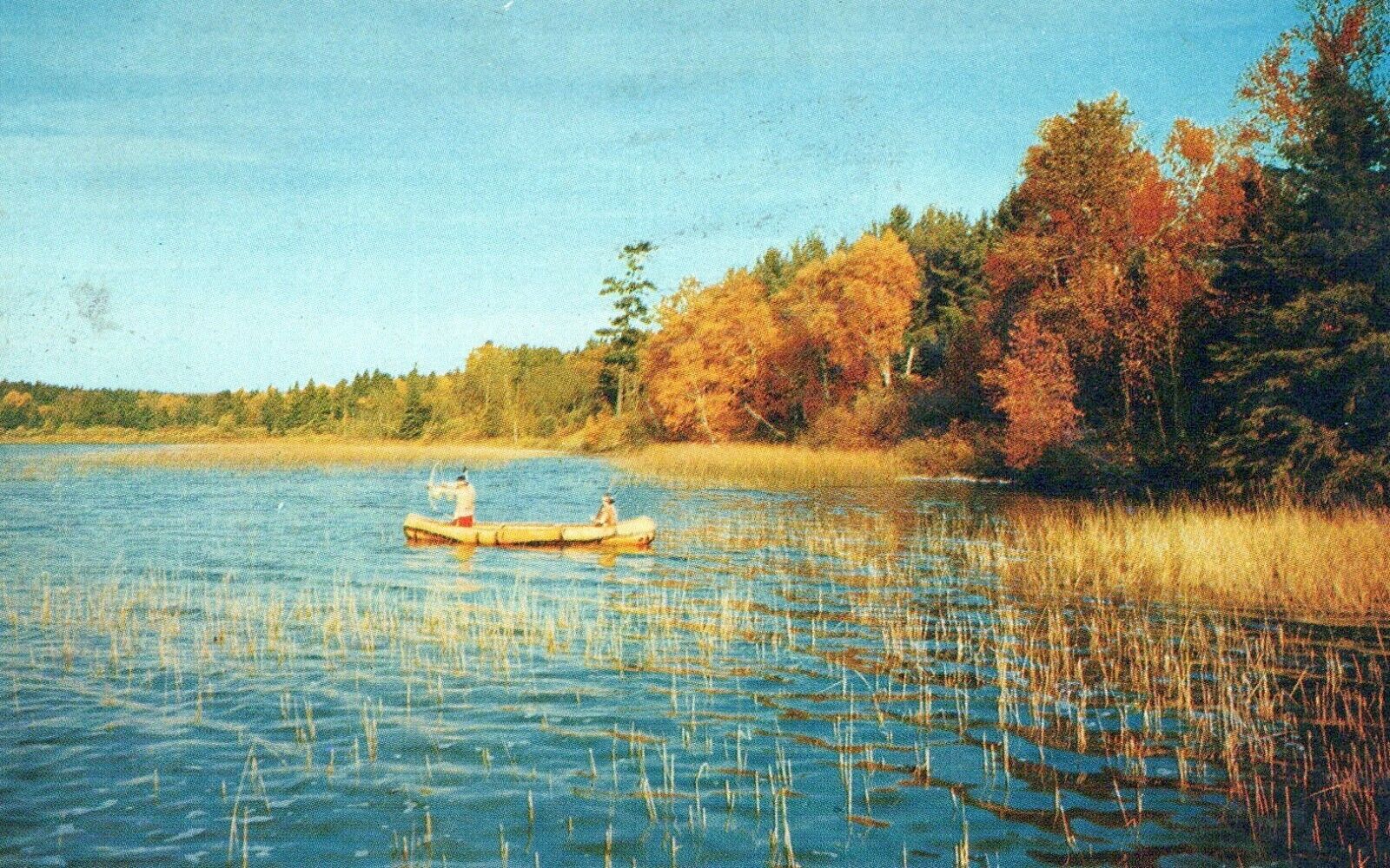 Indian Canoe Out On Lake Chrome Vintage Postcard