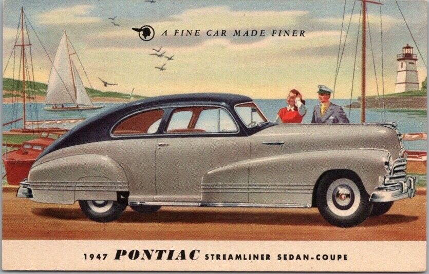 1947 PONTIAC STREAMLINER SEDAN Car Advertising Postcard /Nautical / Lighthouse