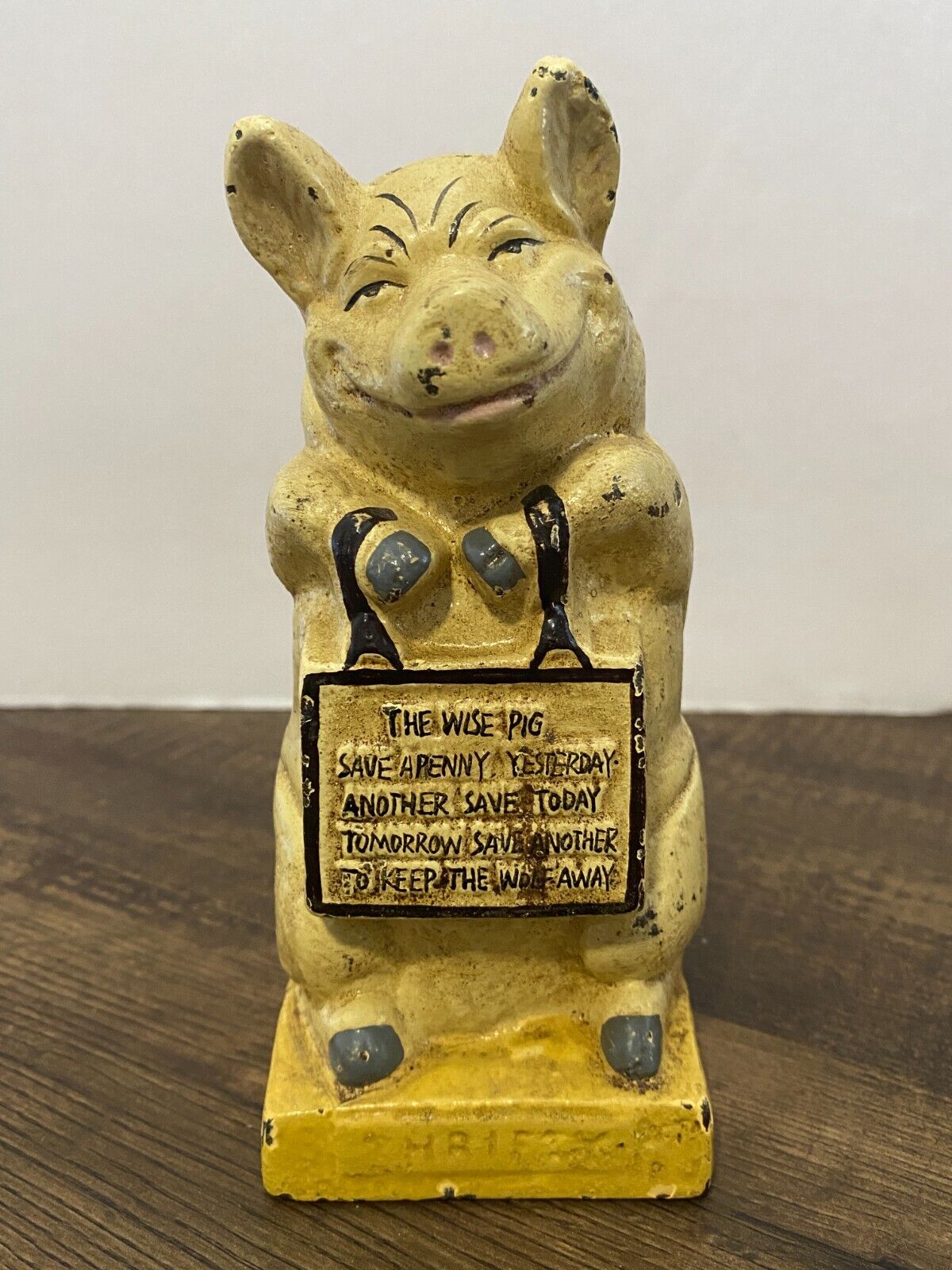 Antique Painted Cast Iron Figural Thrifty The Wise Pig Still Bank