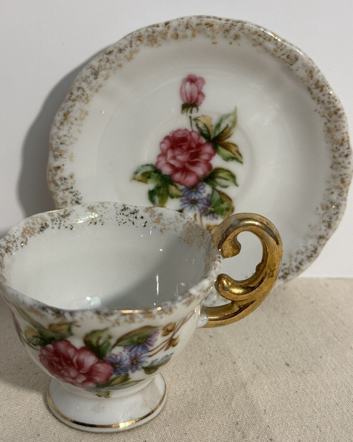 Vintage Enesco Miniature Teacup & Saucer with gold accents - Fine China - Japan