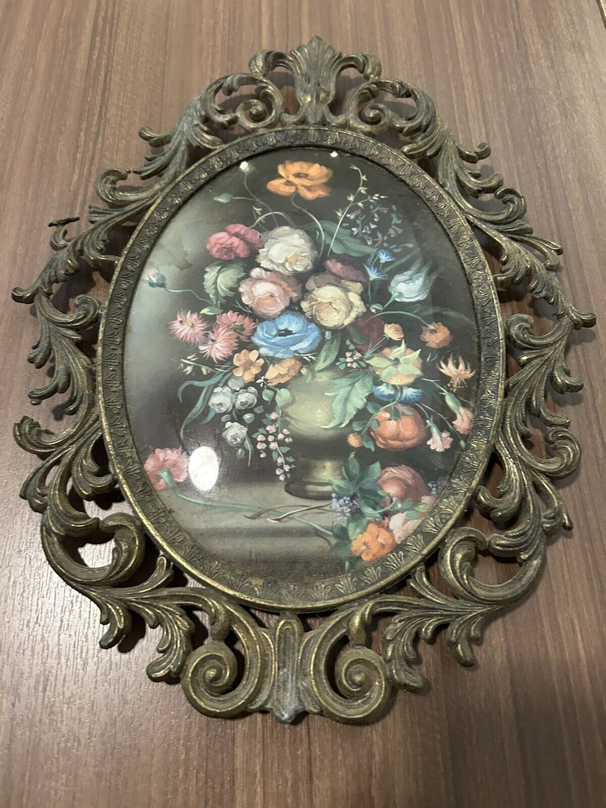 Vintage Oval Brass Frame With Floral Picture Convex Bubble Glass Made In Italy