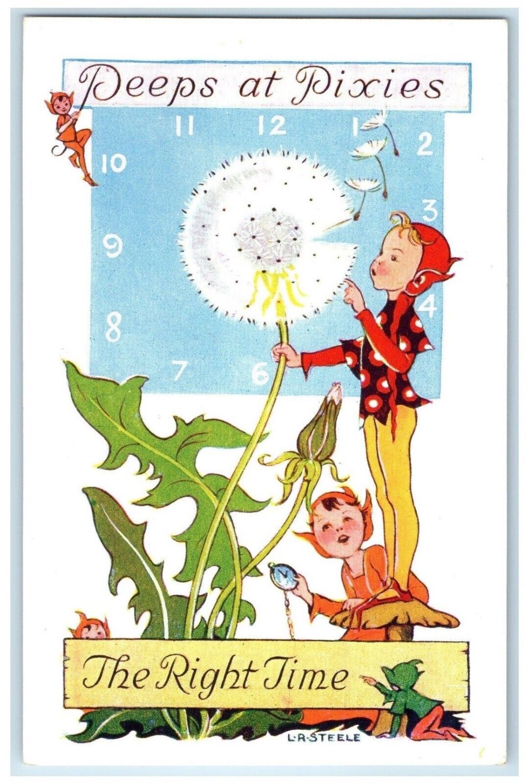c1910\'s Fantasy Elves Peeps At Pixies The Right Time Clock Antique Postcard
