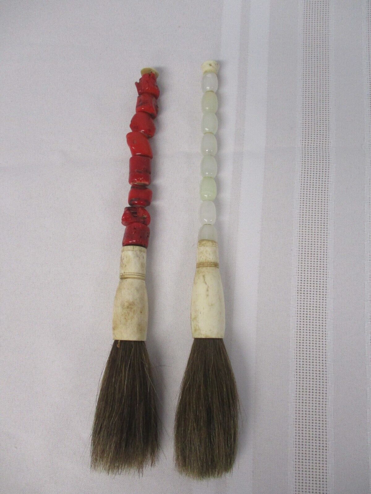 2 ANTIQUE CHINESE RED CORAL & JADE with HORSE HAIR CALLIGRAPHY BRUSHES