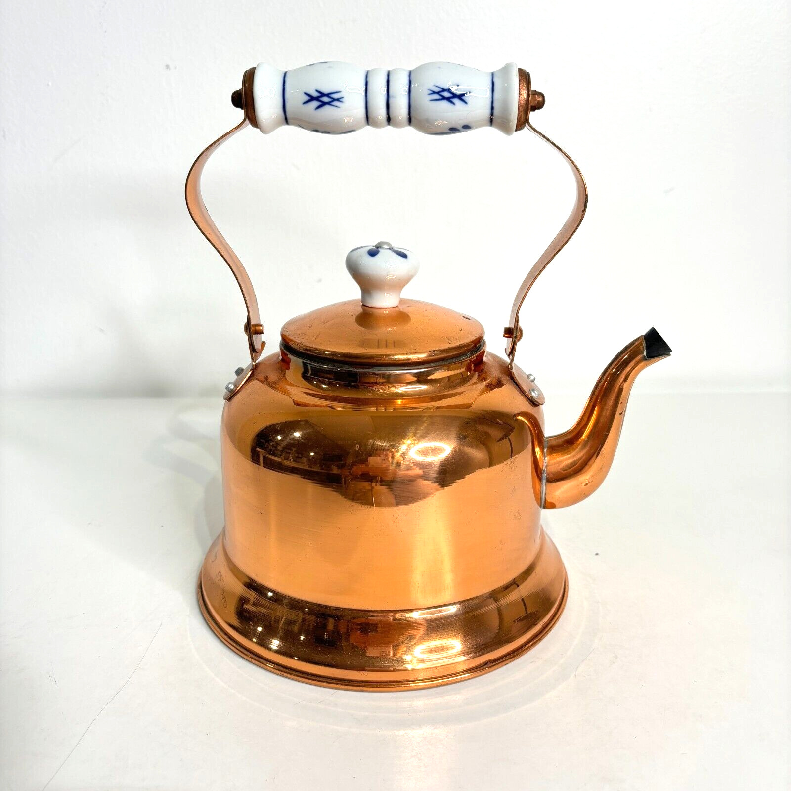 Vintage Copper Tea Pot Kettle With Blue White Delft Porcelain Handle Lid New