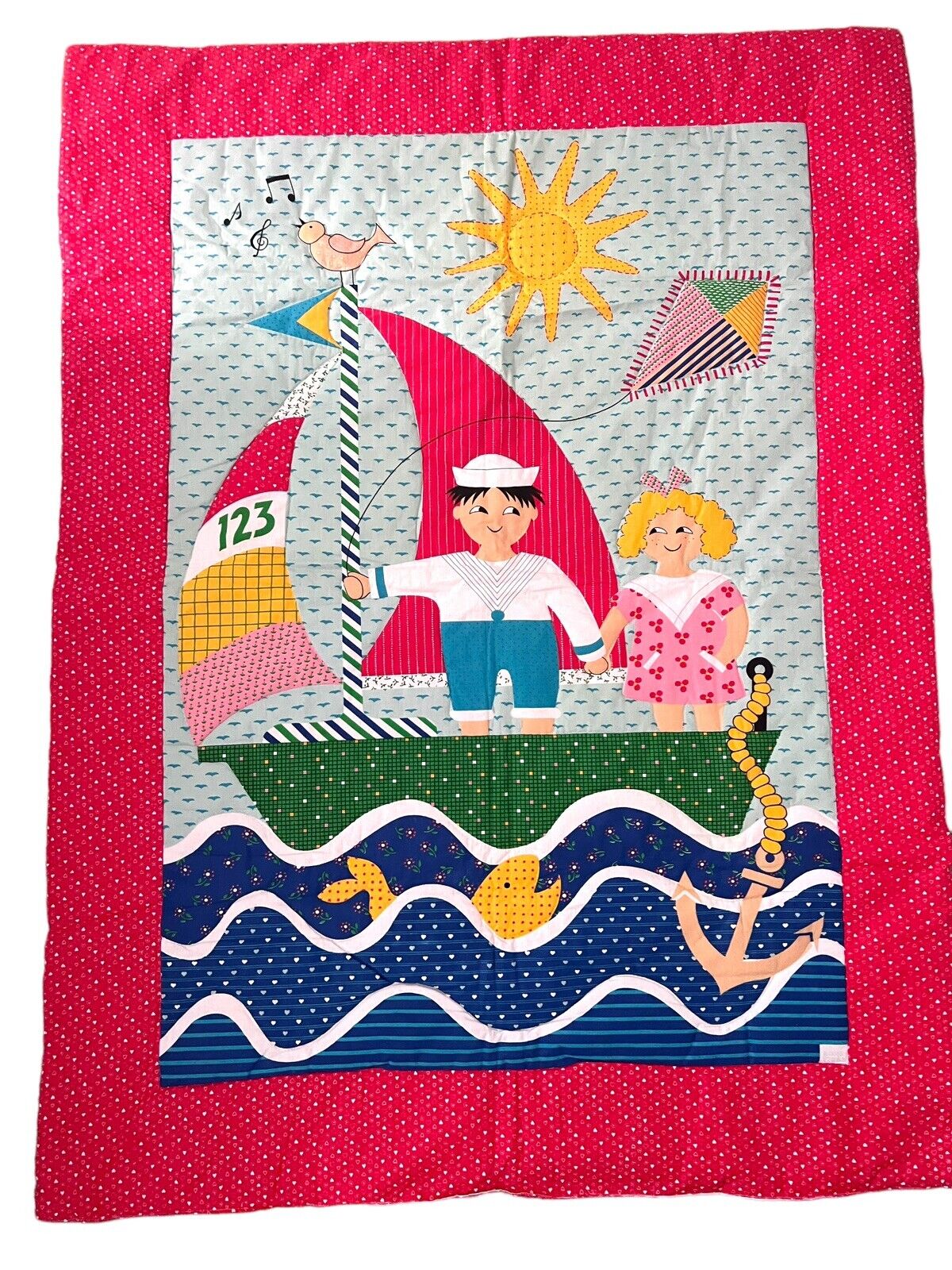 Home Store Vintage Child’s Baby Quilt Sailor Boy & Girl Sailboat Red Back Ocean