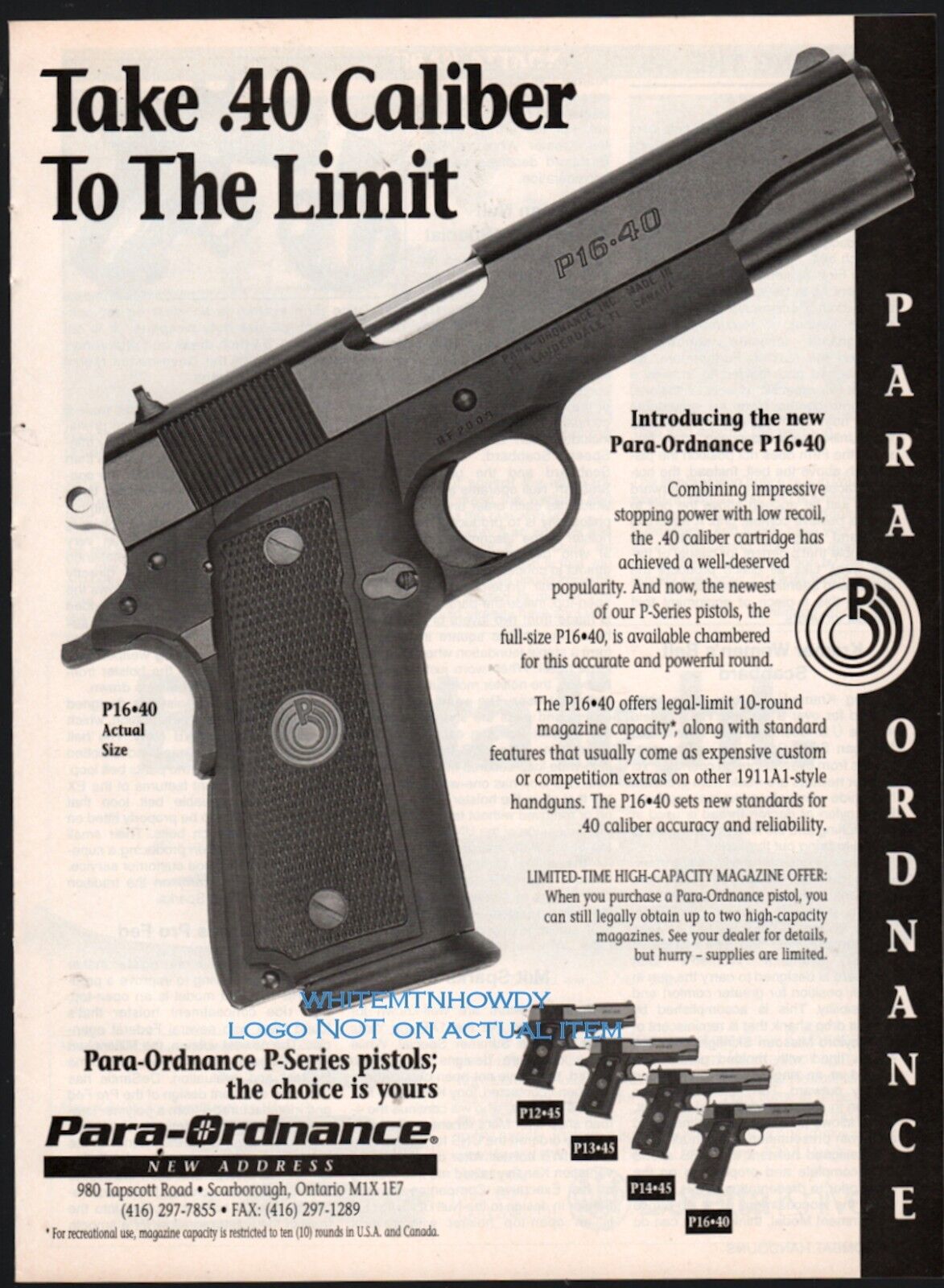 1996 PARA-ORDNANCE P16-40 Pistol PRINT AD with P12-45 P13-45 P14-45 P16-40