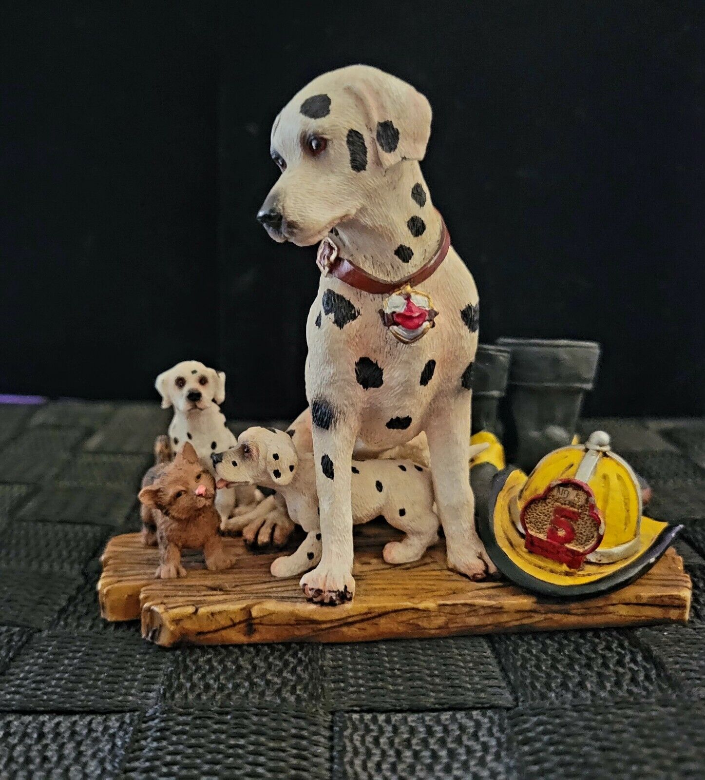 Dalmation Fire Dog With Puppues And Firemans Boots /hat