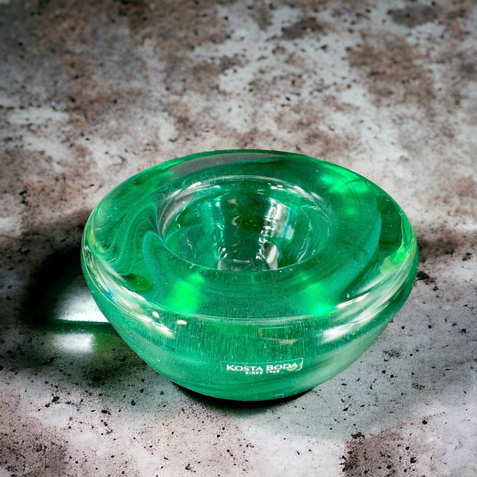 Vintage Kosta Boda Green Heavy Glass Votive Candle Holder Glass Swirls W Sticker