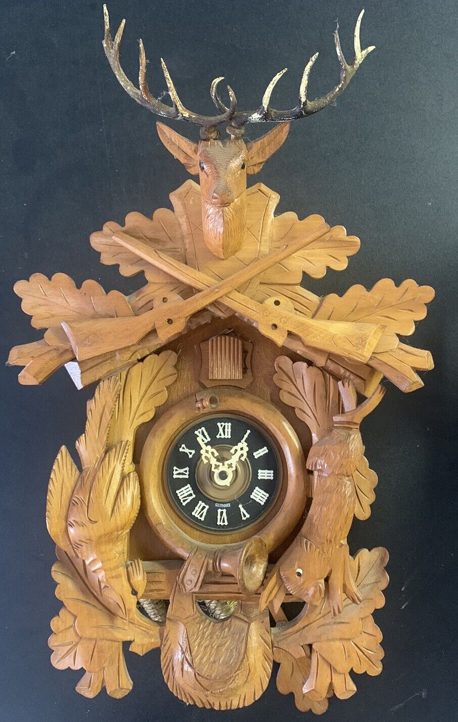 Vintage German Cookoo Clock Hunter Deer Rabbit Wooden Beautiful As Is