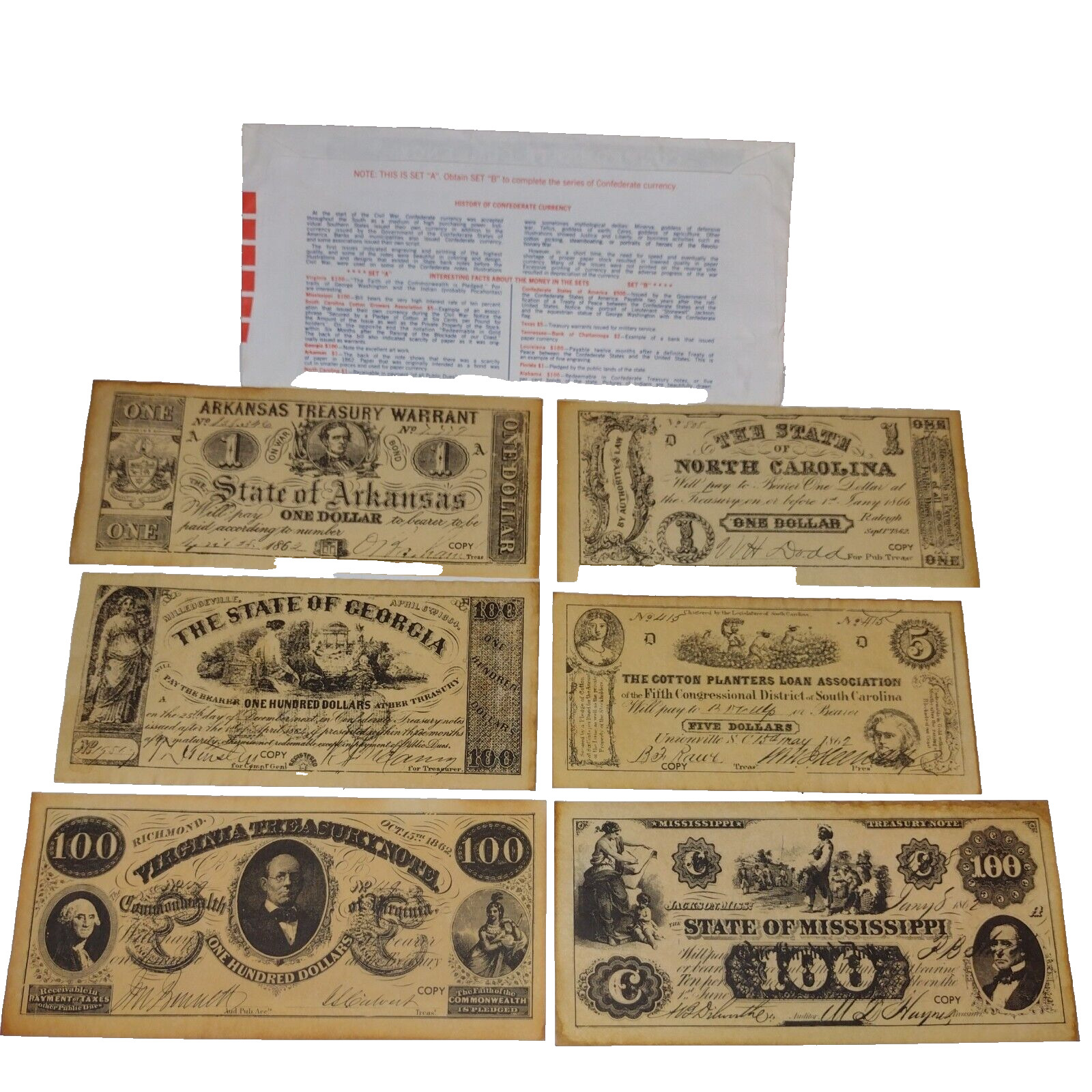 Confederate Currency Copies Antiqued Reproductions 6 Bills Set A 100s, 5\'s & 1\'s