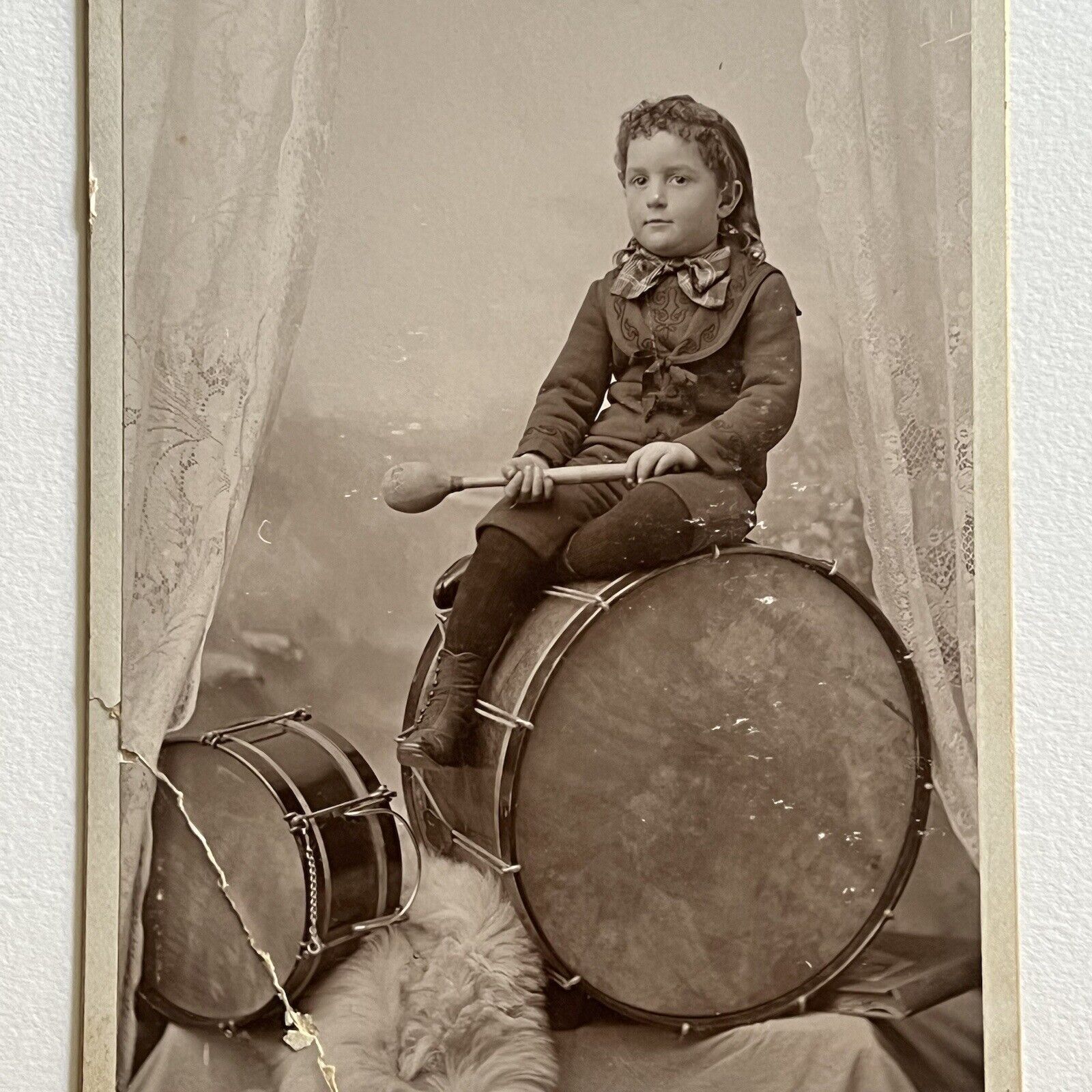 Antique Cabinet Card Photo Adorable Little Boy With Bass Drums Ferndale CA
