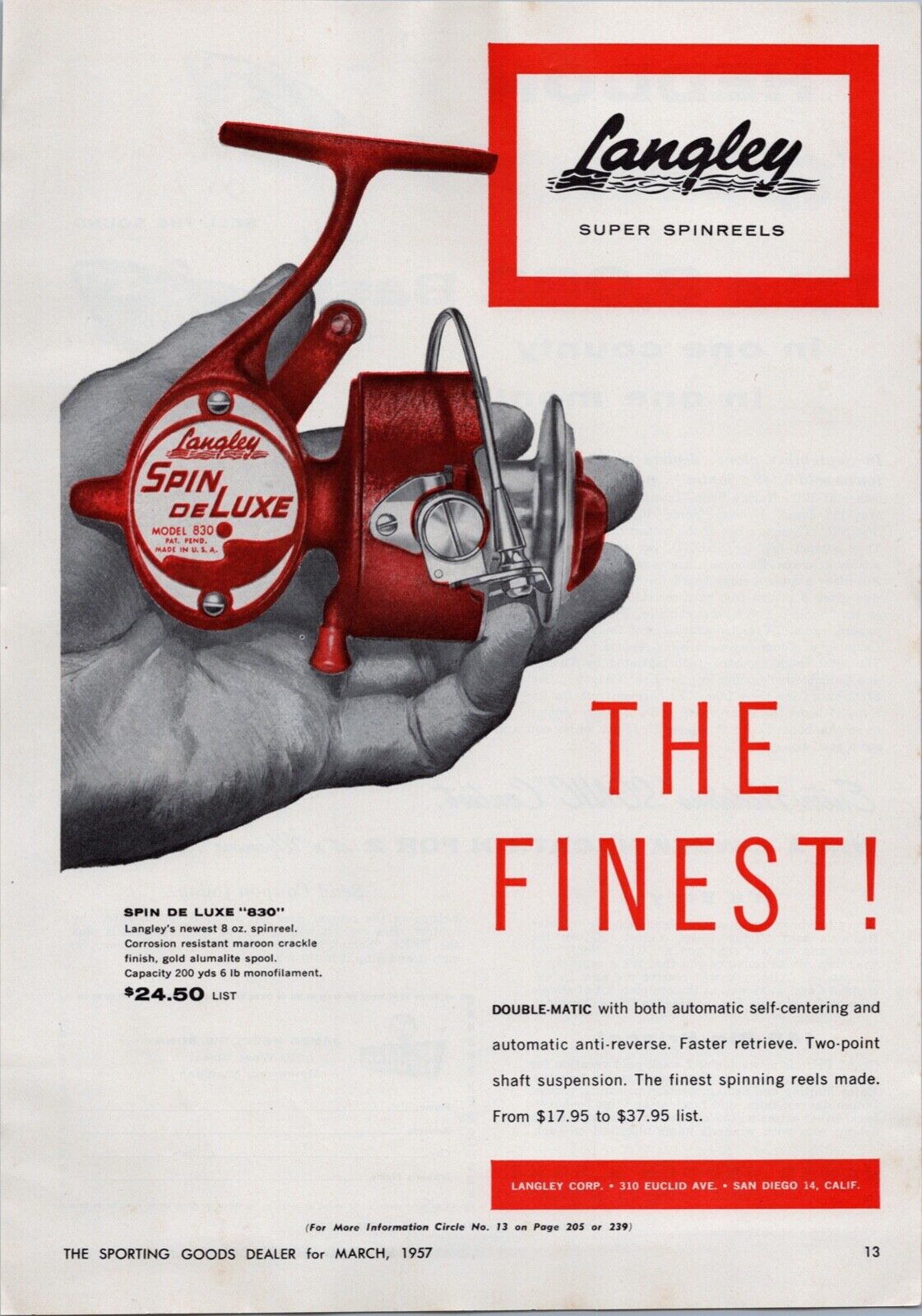 1957 Langley Spin Deluxe Fishing Reel Heddon Sonic Lures Print Ad