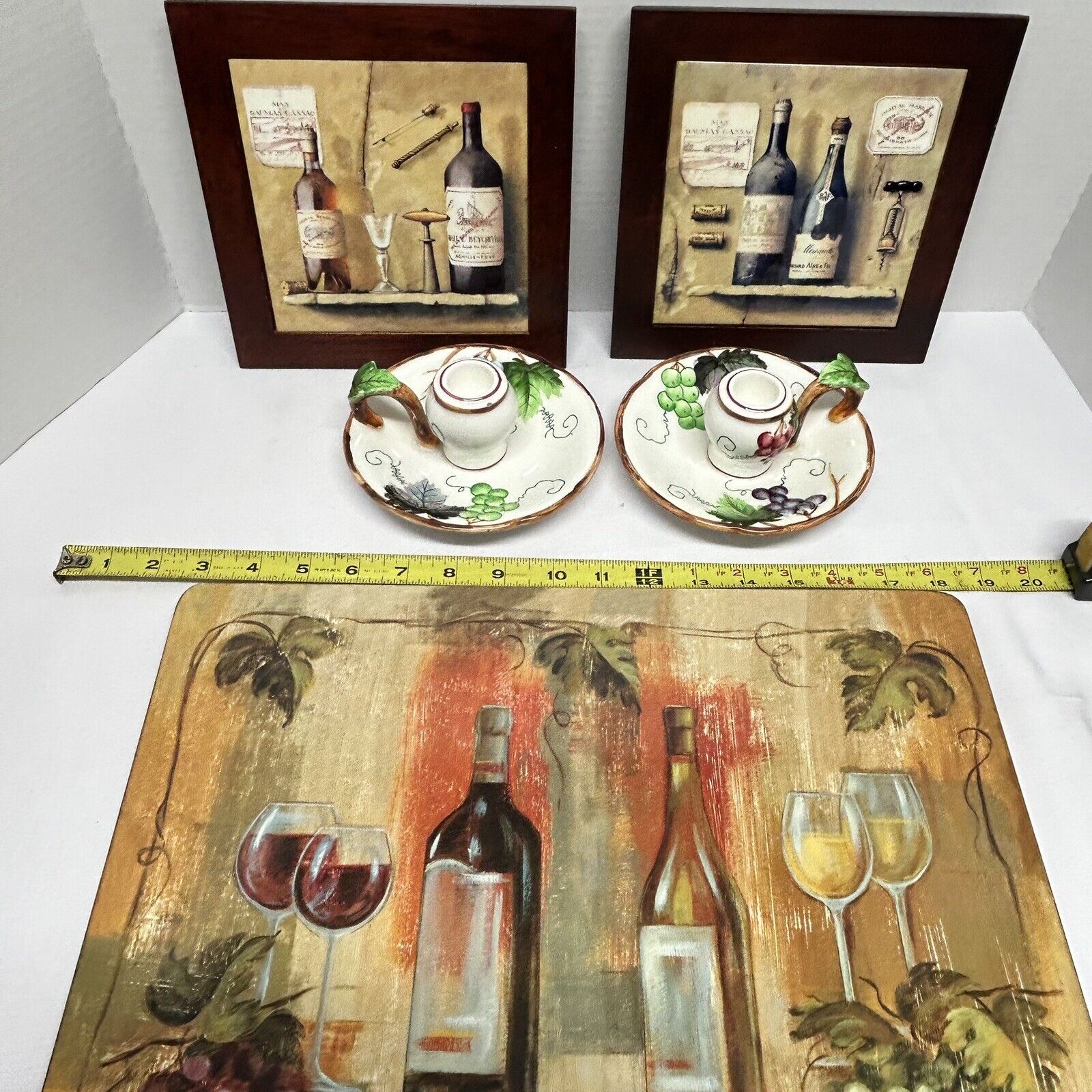 Wine/grape Themed- 2 Lefton Candle Holders, 2 Hard Board Placemats, & 2 Trivets