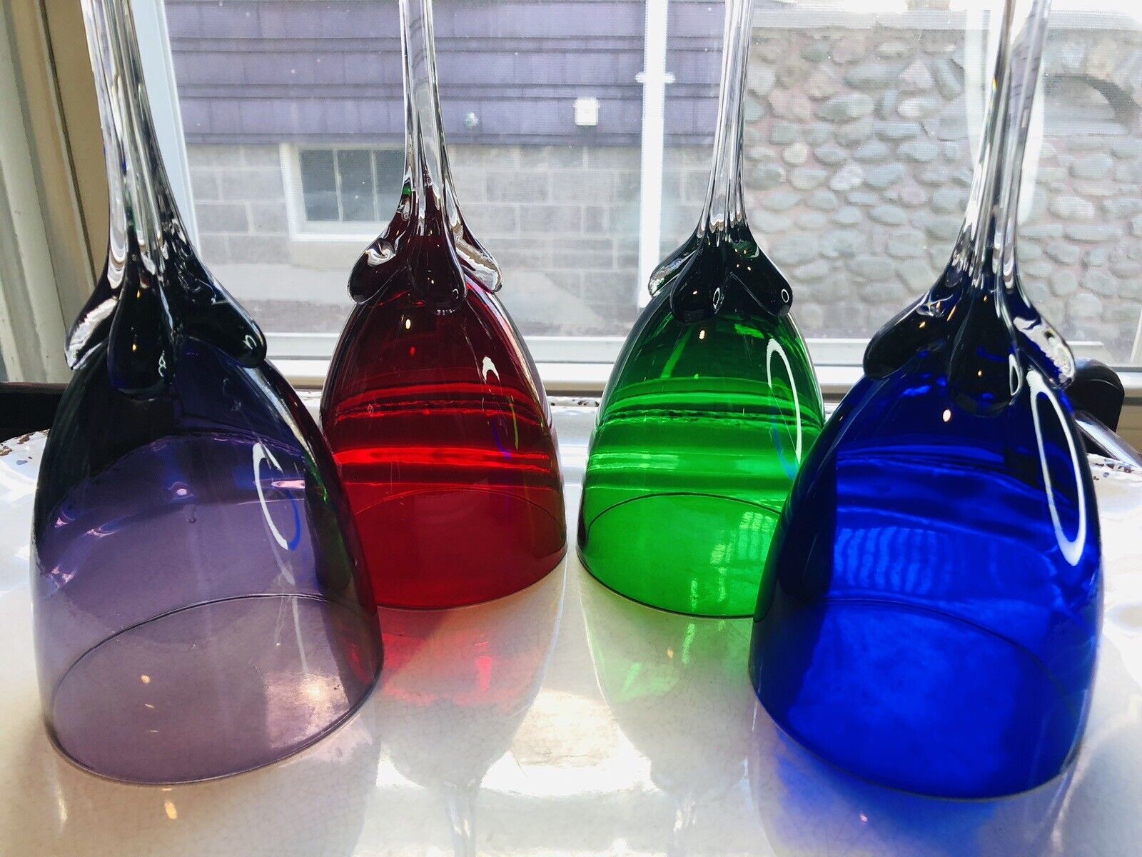 1960's Boho Gem Color Water Goblet Gum Drop Petal Pulled Stem Hand Crafted Set-4