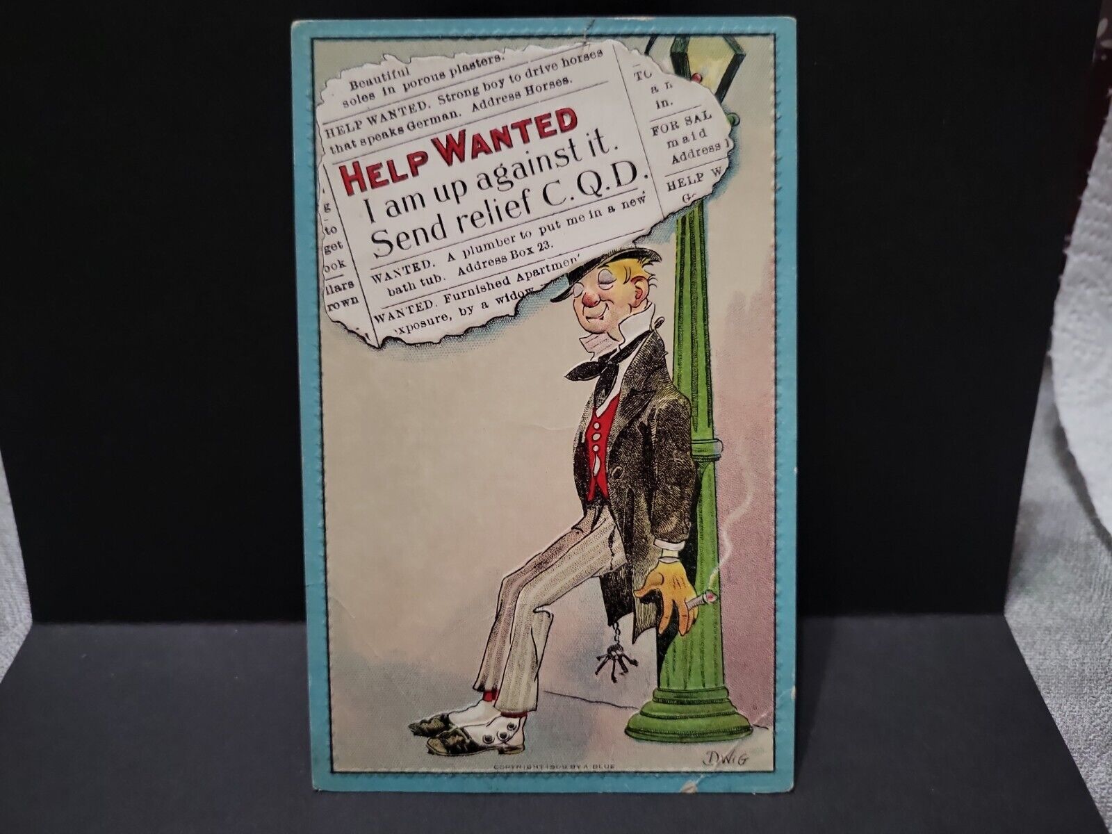 Funny Postcard 1909 Help Wanted Drunk Man Pole  DWIG