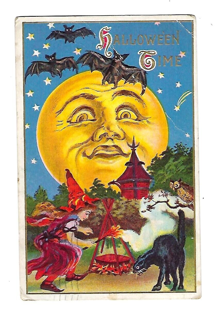 1914 Halloween Postcard Witch & Cauldron, Large Face Moon, Bats & Black Cat