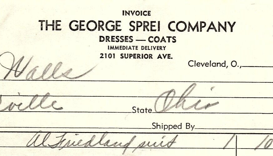 1939 THE GEORGE SPREI COMPANY CLEVELAND OH DRESSES COATS BILLHEAD INVOICE Z2721