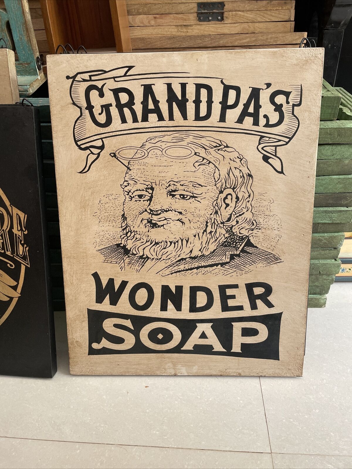 Vintage Grandpas Wonder shop Authorized Dealer Pressed Board Advertisement Sign