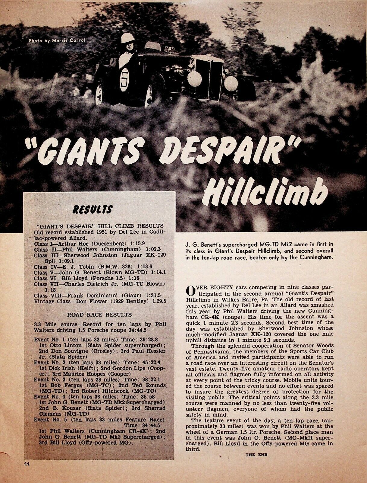 1952 Wilkes Barre PA Giants Despair Hill Climb 1-Page Vintage Automobile Article