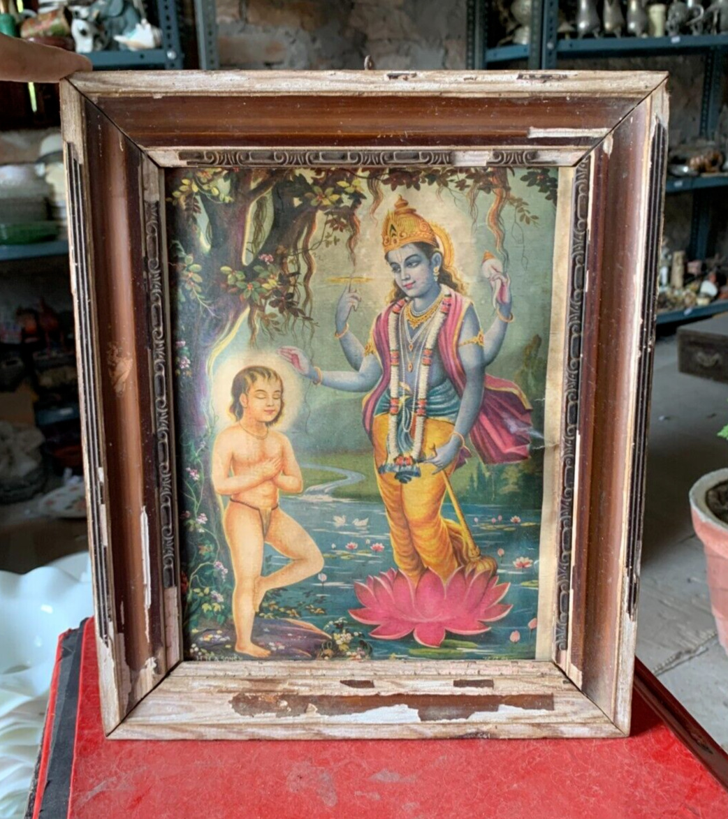 1940\'s Old Vintage Lord Vishnu Blessing Dhruv Lithograph Print Framed 11.5x9.5\