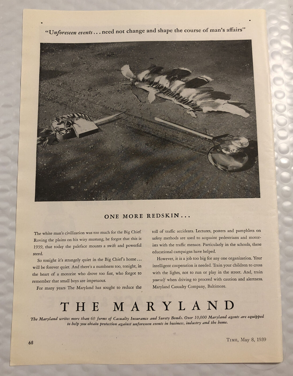 Vintage 1939 The Maryland Insurance Print Ad - Full Page - One More Redskin
