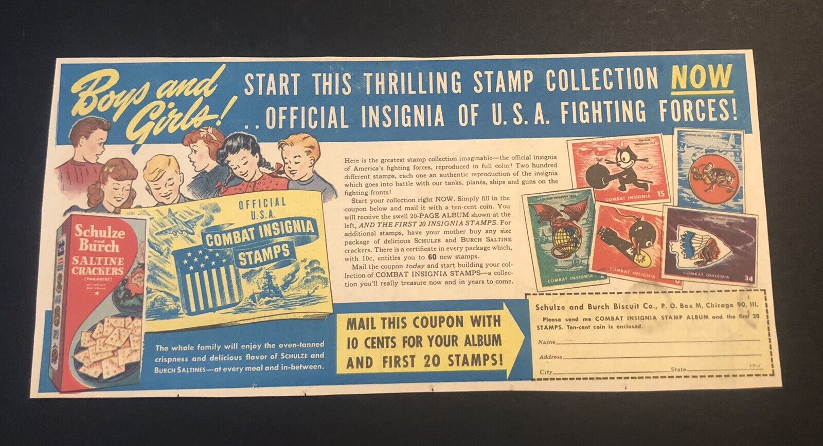 1940’s Wartime Combat Insignia Stamps Schulze & Burch CrackersComic Newspaper Ad