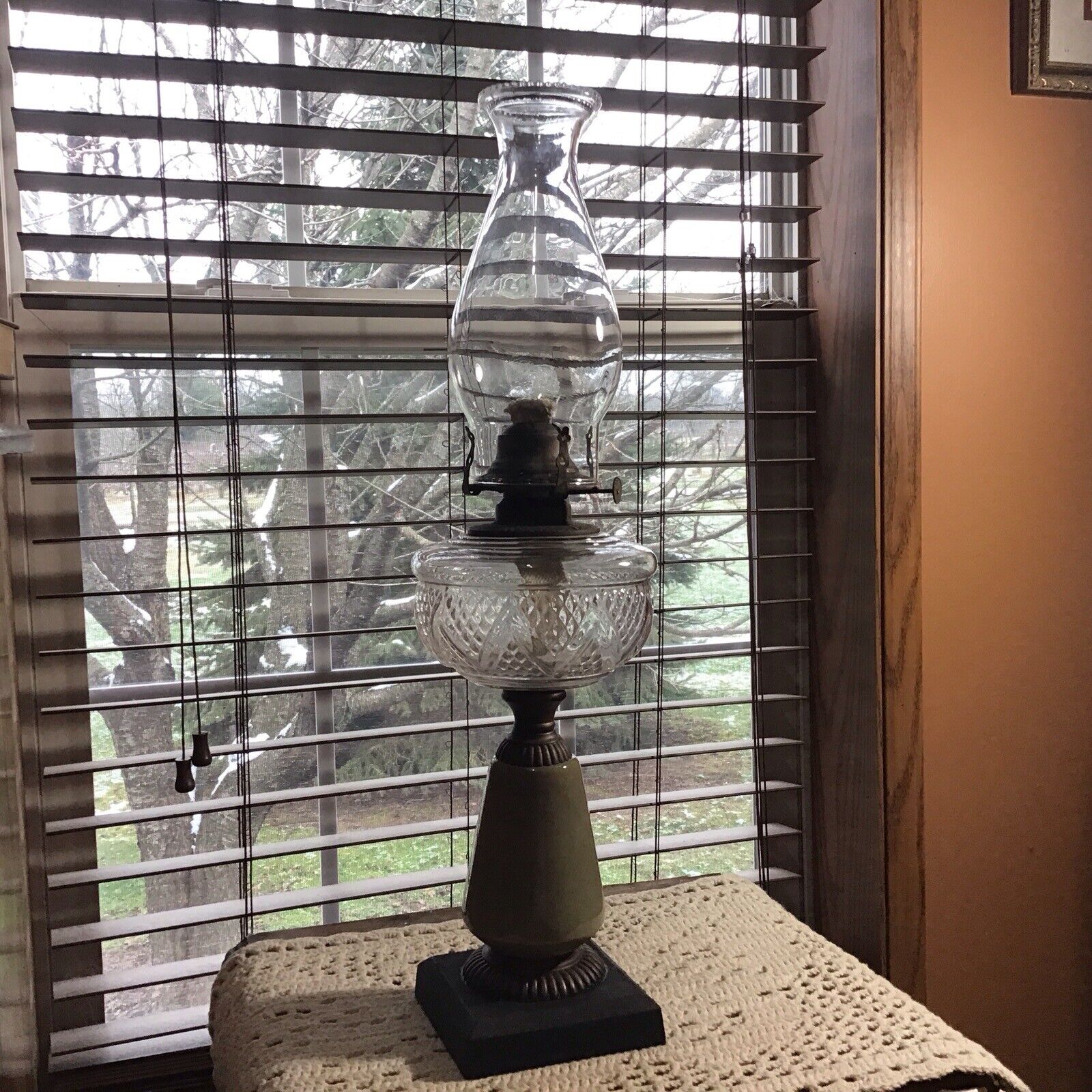 Antique 21” Composite Sage Green Glass Pedestal Base Fancy Oil Lamp W/wick
