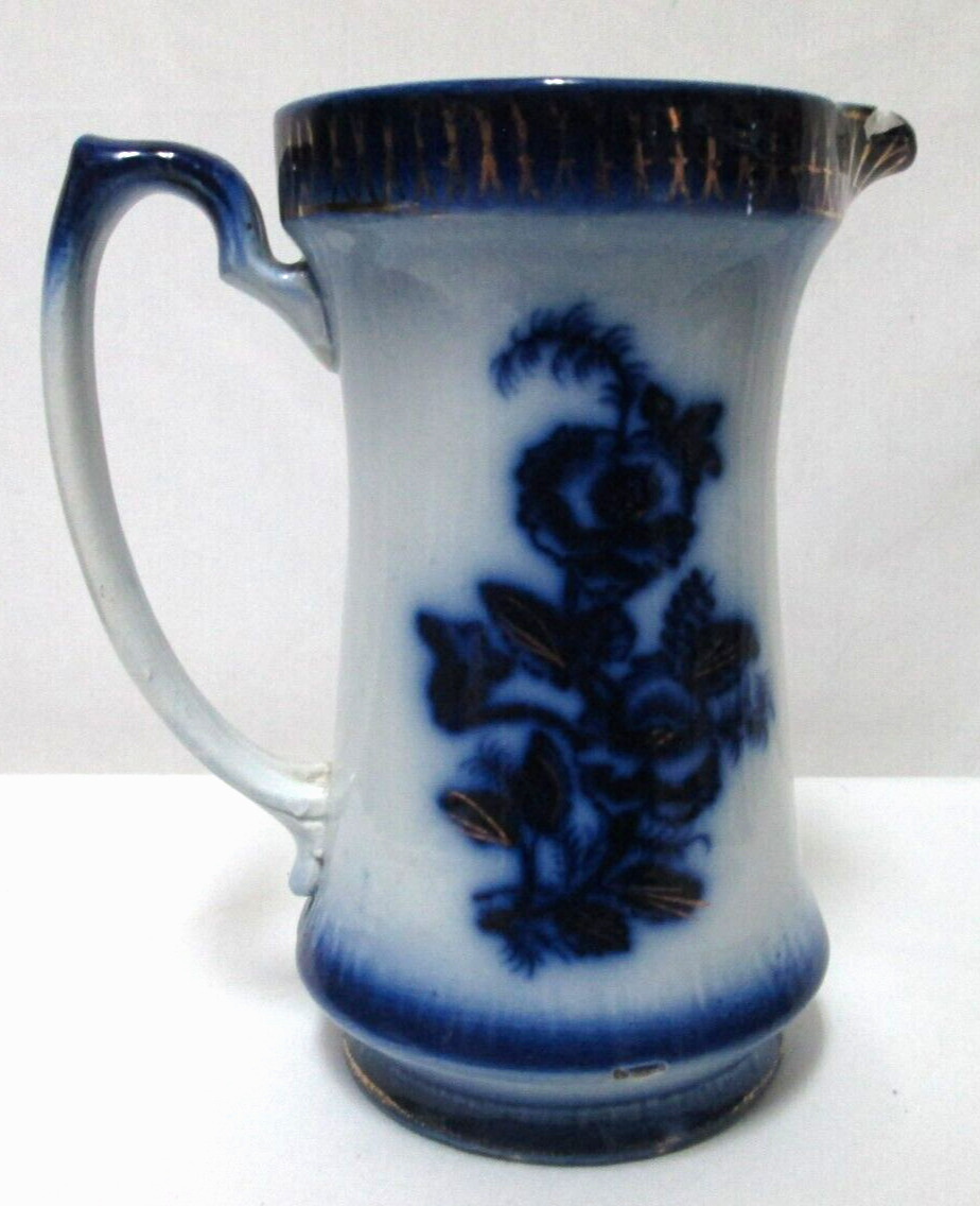 Antique Blue Flow Transferware Ceramic floral Pitcher gold trim  7.5